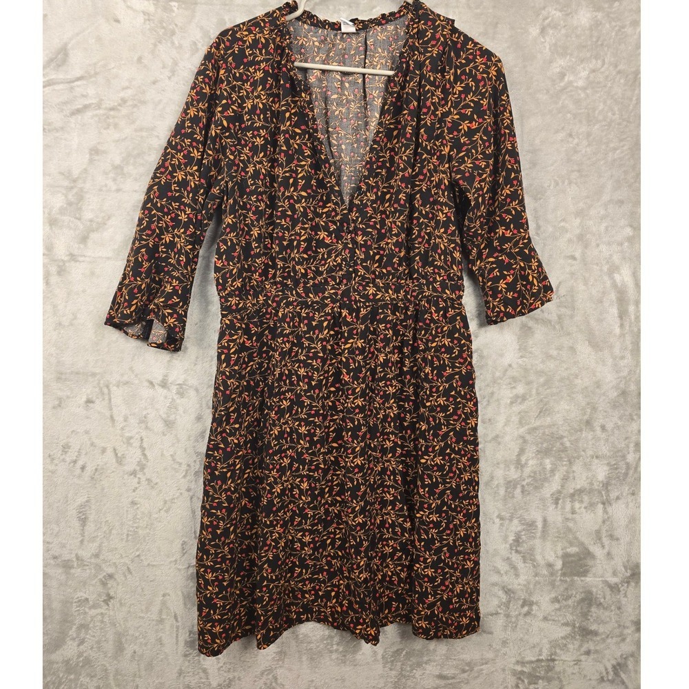 Old Navy Womens XL Floral Print V Neck Smocked Waist Midi Dress Black Orange